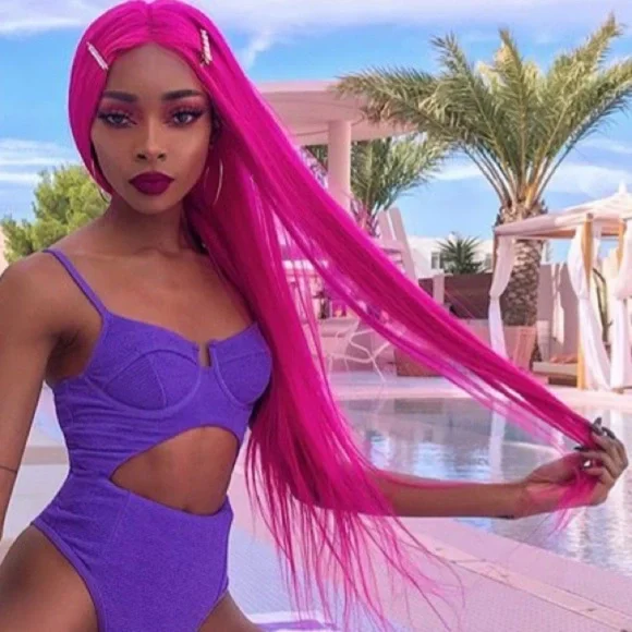 - - ✨24” HOT PINK STRAIGHT LACE FRONT WIG *NWT* Pink Human Hair Lace Front Wig: Straight Hair, 24 Inch - Etsy main image 2